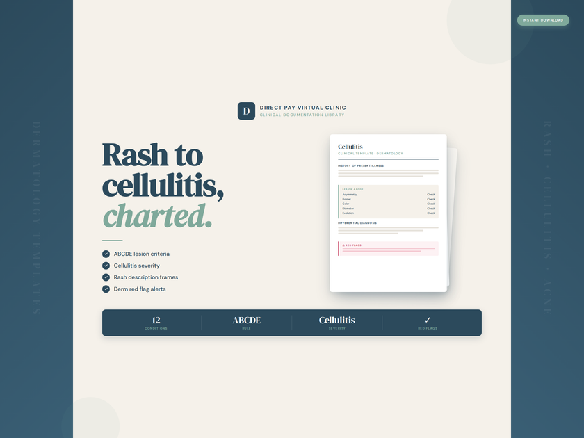 Screenshot of a healthcare application interface with text on rash and cellulitis.