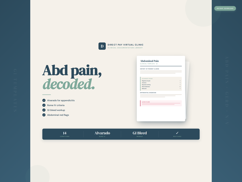Website page for a virtual clinic with a focus on abdominal pain diagnosis.