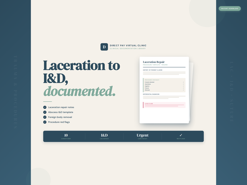 Website page for Direct Pay Virtual Clinic with a form for laceration repair documentation.